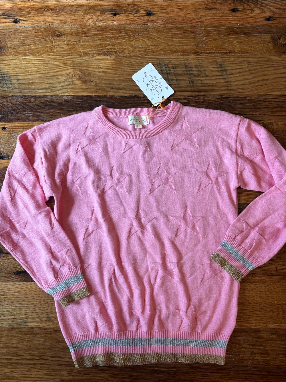 EGG New York Kids Pink Star-Text Crewneck Sweater with Contrast Stripe Trim 8Y